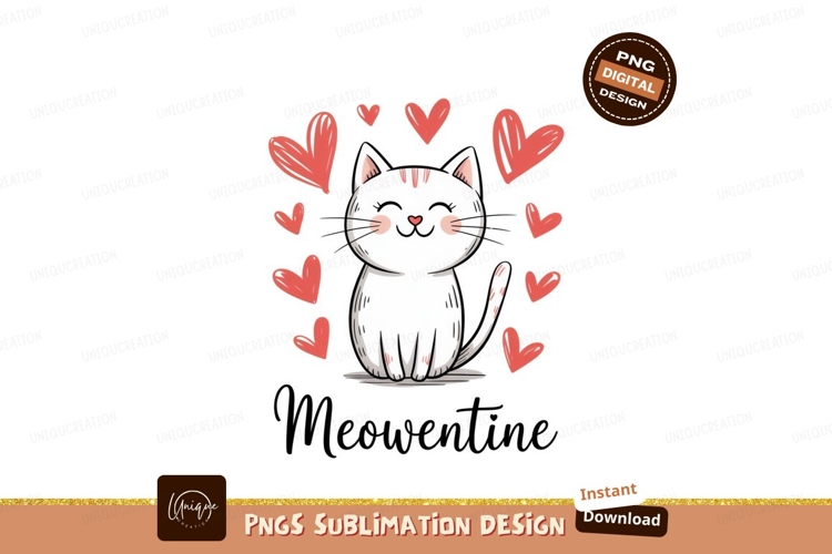 Cute white cat surrounded by hearts pink