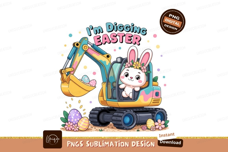 Bunny driving excavator collecting Easter eggs digging