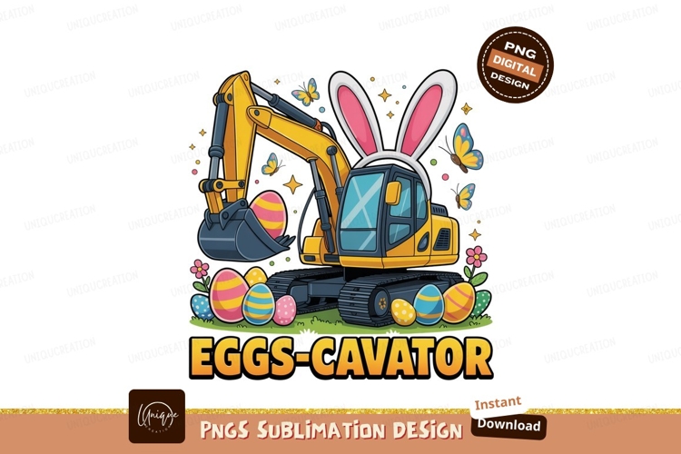 Yellow excavator with bunny ears and easter eggs image