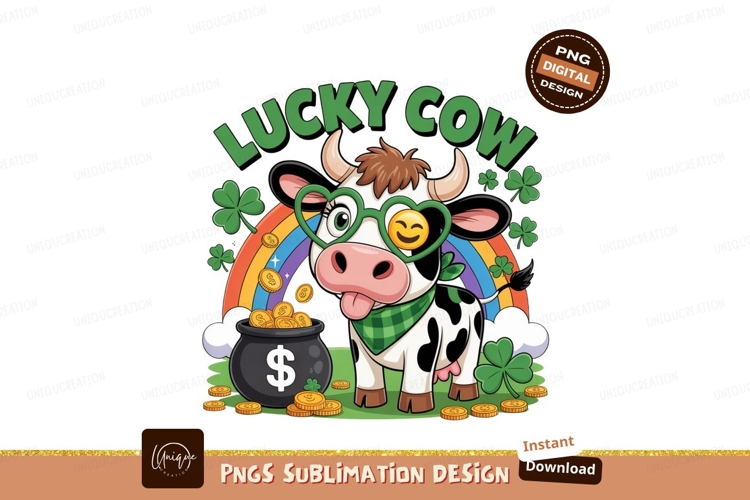 Lucky cow with rainbow and gold coins image
