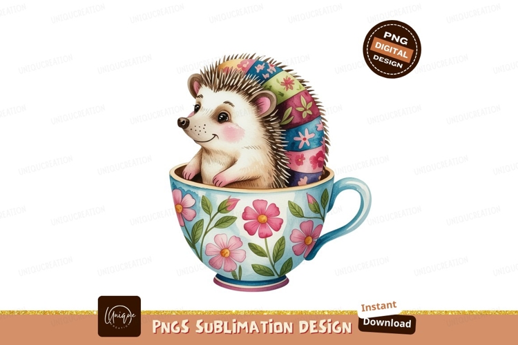 Hedgehog in floral teacup pink blue