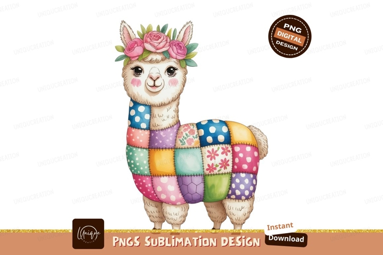 Adorable llama wearing floral crown and patchwork coat