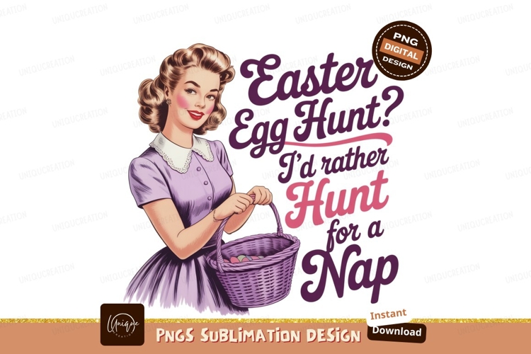 Woman holding Easter basket with text purple dress