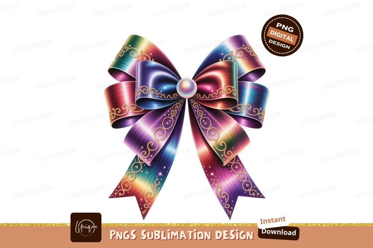 Rainbow ribbon bow with gold swirls and pearl colorful