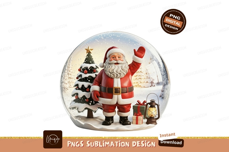 Santa Claus waving inside a snow globe with Christmas tree a