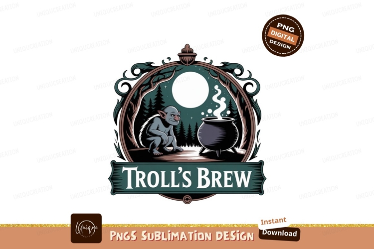 Troll brewing potion under moon creature cauldron