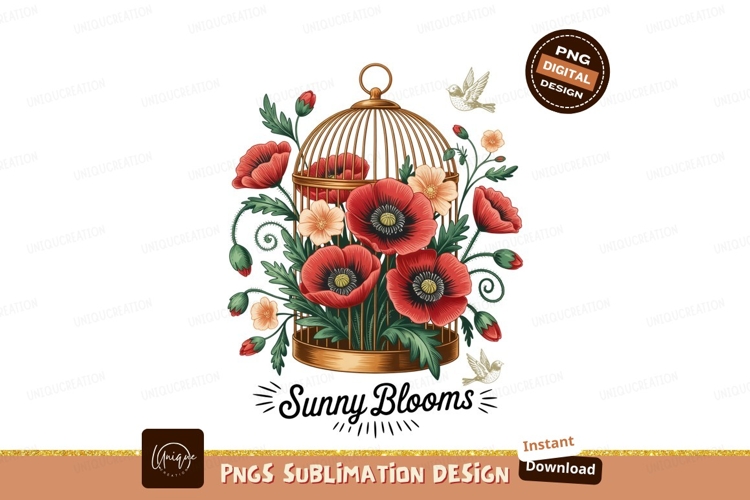 Golden cage red poppies floral birds S U B L I M A T I O N P