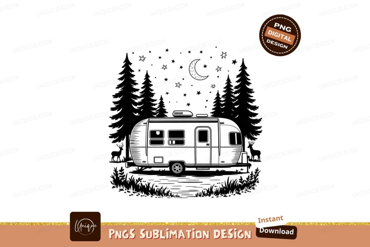 Camper van under moonlit night sky stars