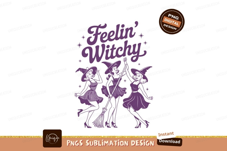 Dancing witches with brooms and hats purple example image 1