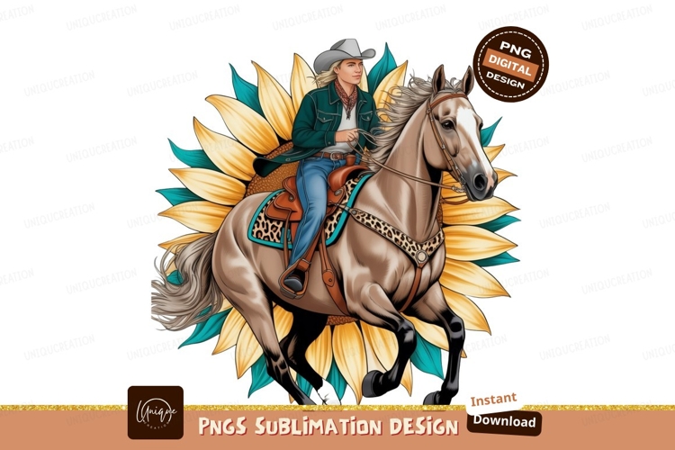 Blonde Cowgirl Riding Horse Sunflower image