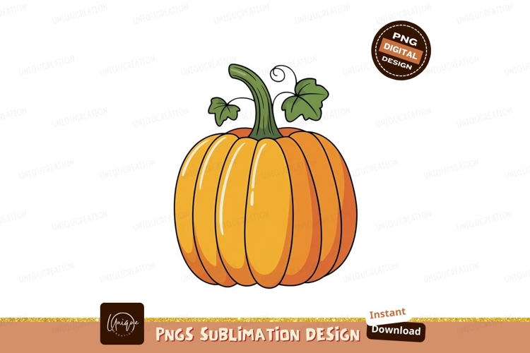 Orange pumpkin with green stem and leaves image
