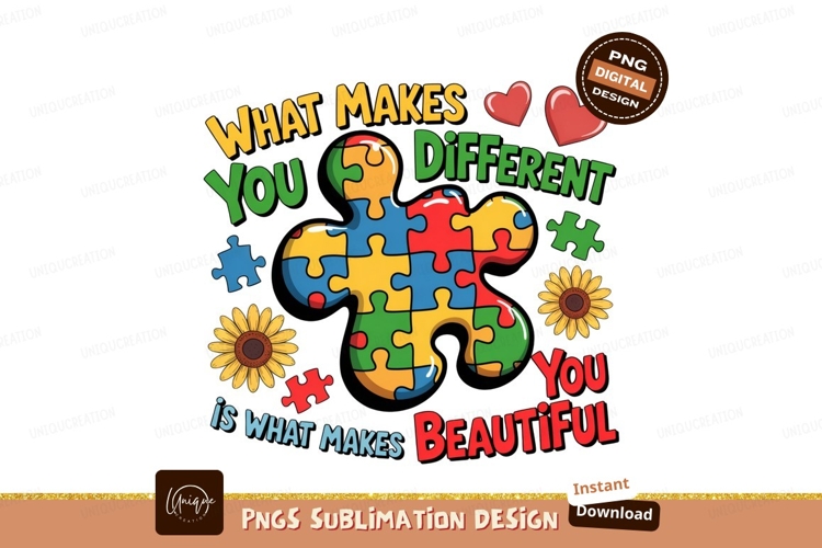 Colorful puzzle pieces hearts and sunflowers autism