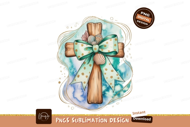 Wooden cross with seashells and bow ribbon