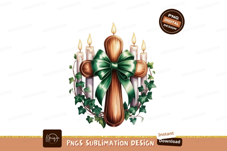Wooden cross with candles and ivy green