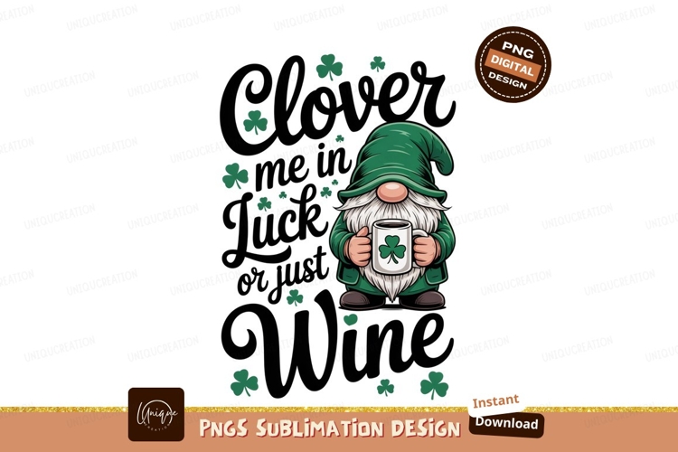 Green gnome holding coffee mug with shamrock beard