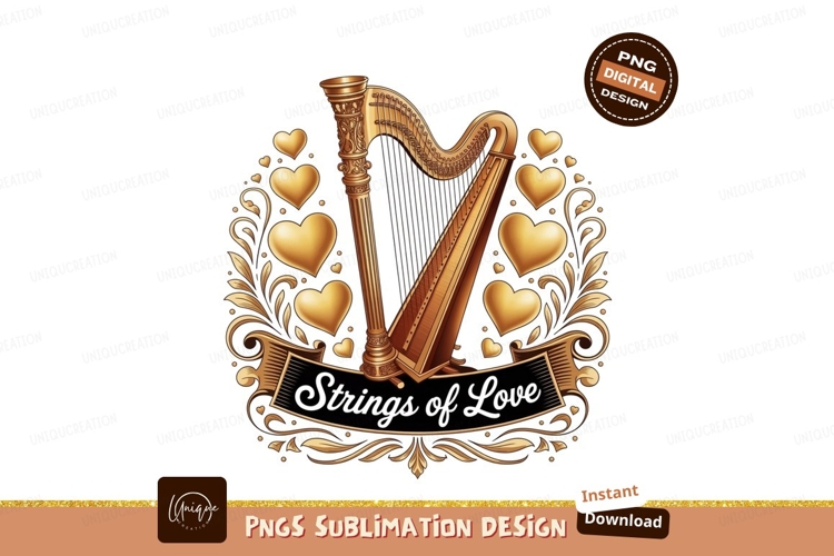 Golden harp with hearts and floral design music