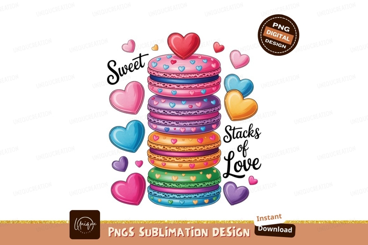 Colorful stacked macarons with hearts pink purple