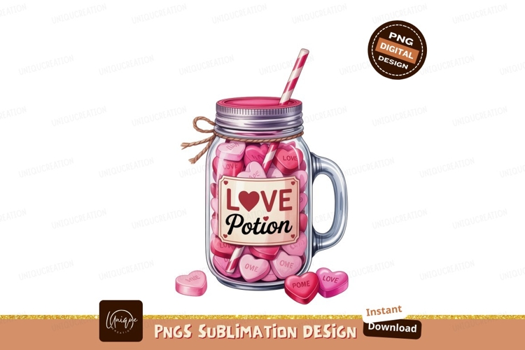 Jar filled with heart shaped candies and love potion label
