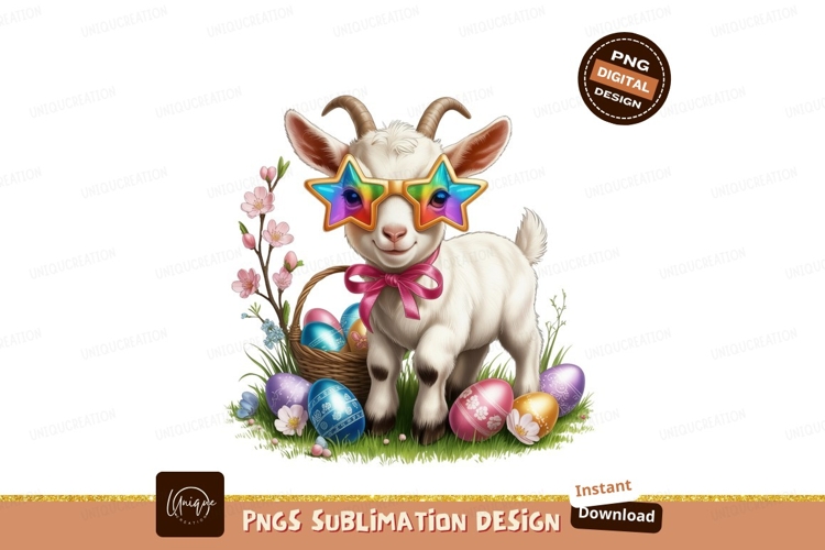 Adorable goat with star glasses and easter eggs stars