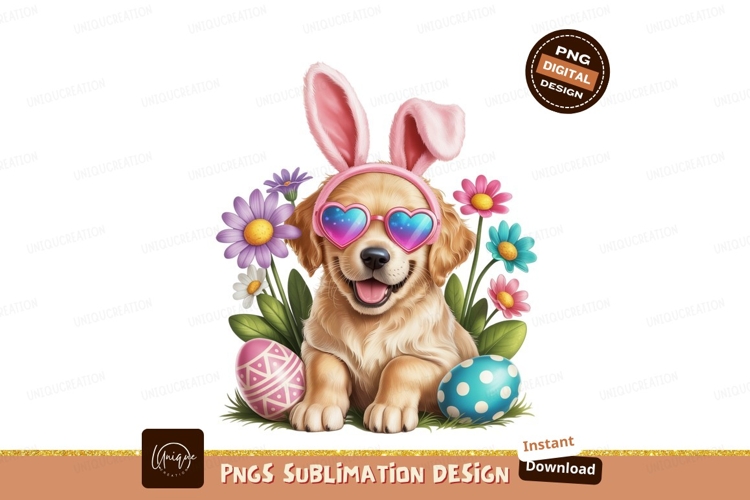 Golden puppy with bunny ears and heart sunglasses image