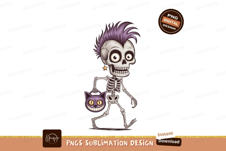 Punk skeleton carrying cat trick or treat bag image example image 1