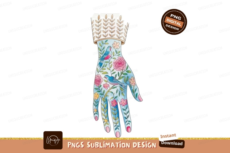 Hand adorned with birds and flowers floral nature