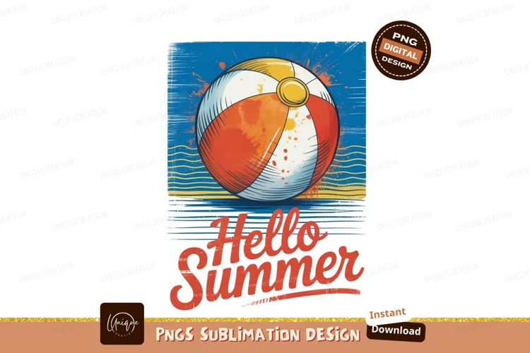 Beach ball on water with hello summer text image