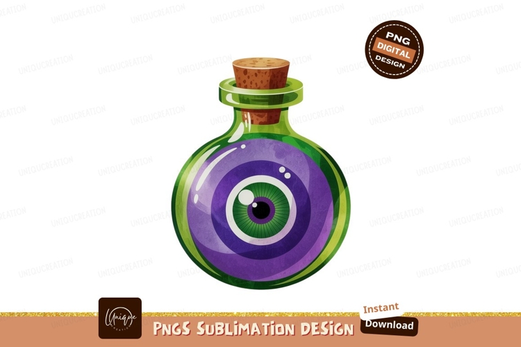 Green glass potion bottle with purple eye image