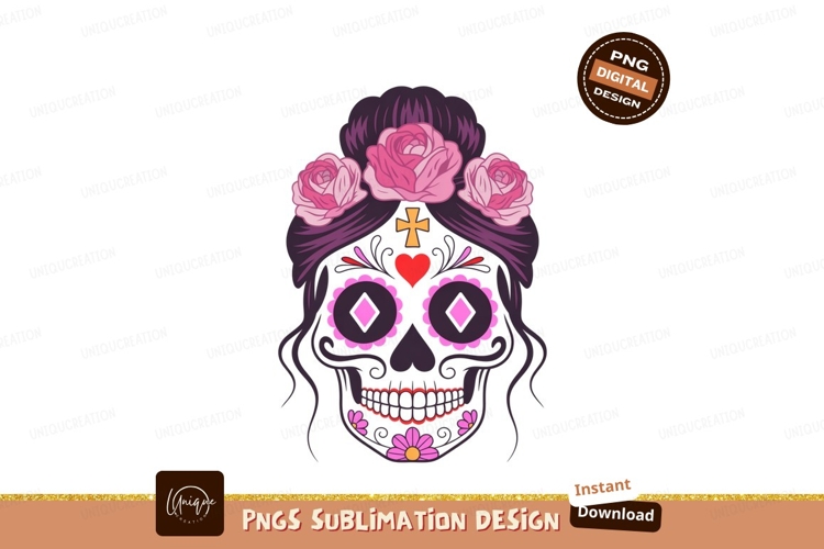 Decorated skull with flowers and heart pink purple