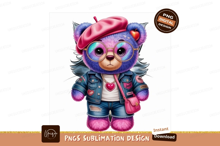 Fashionable purple bear with pink beret and denim blue