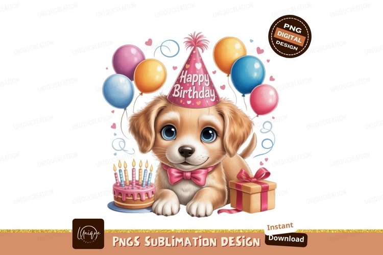 Adorable puppy celebrates birthday with balloons and cake