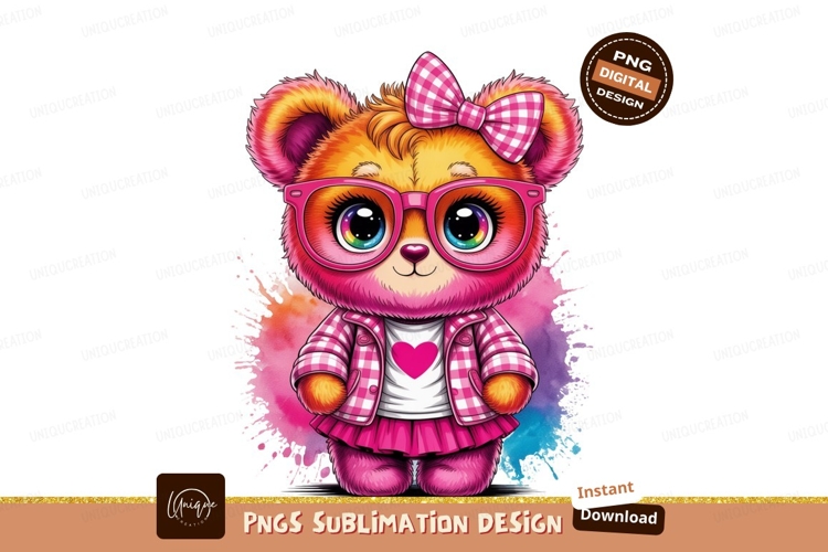 Fluffy Bear With Pink Bow Glasses and Plaid Jacket