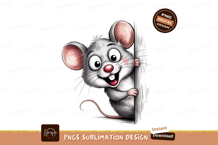 Cheerful grey mouse peeking from behind white object