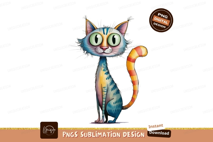 Whimsical Blue Orange Striped Cat animal cartoon example image 1