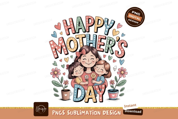 Mother hugging daughters surrounded by flowers hearts