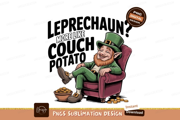Relaxed leprechaun sitting in armchair with gold coins