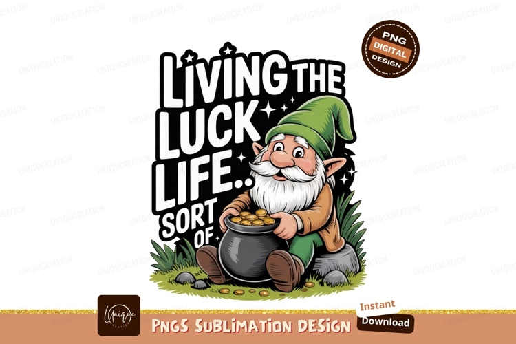 Cheerful gnome holding pot of gold coins lucky