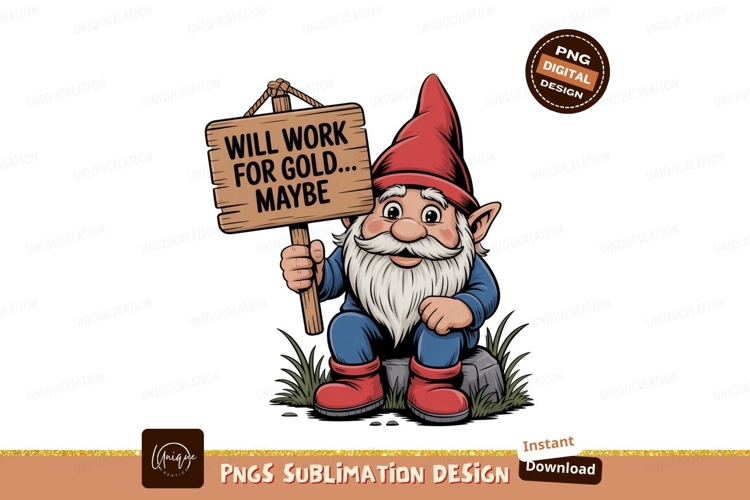 Cheerful gnome holding work sign blue white