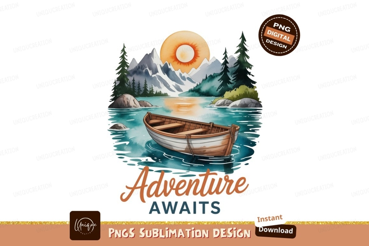 Wooden boat on tranquil lake with mountain backdrop