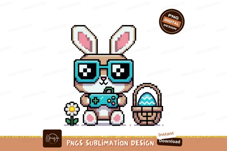 Pixelated bunny gamer with controller and easter egg