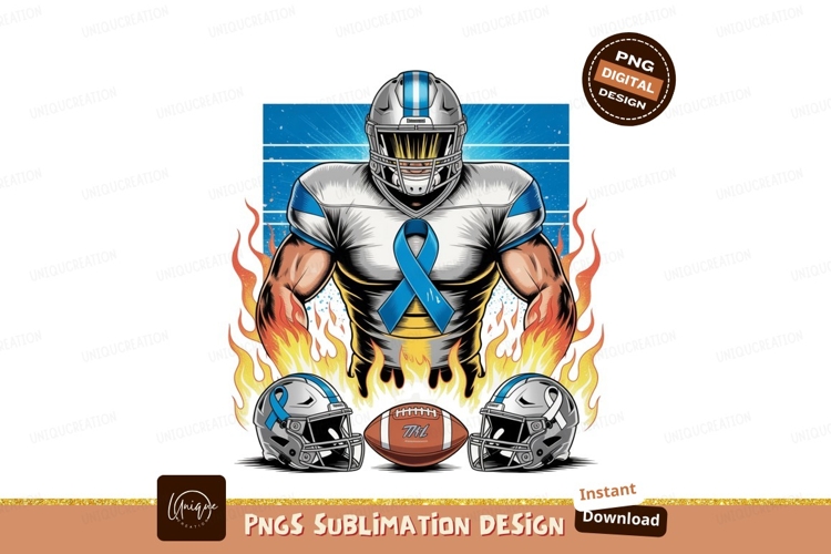Football player with blue ribbon and flames helmet