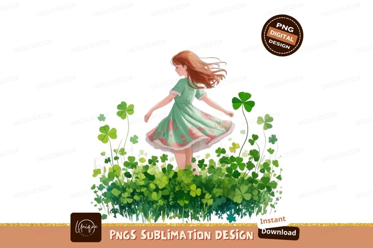 Girl dancing among lucky clovers green dress