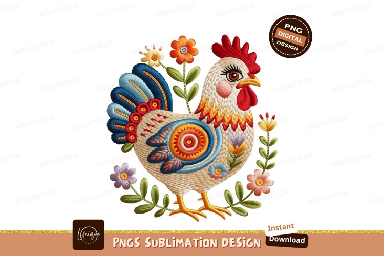 Colorful embroidered rooster surrounded by flowers