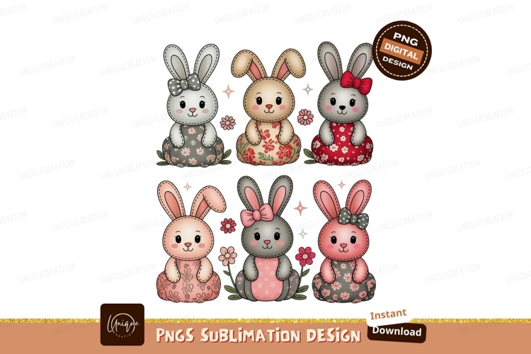 Six cute plush bunnies with floral dresses image