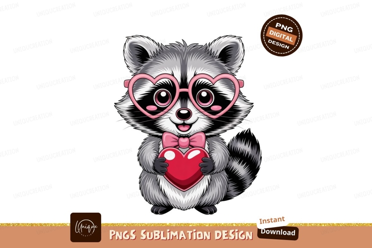 Cute raccoon holding red heart wearing pink heart glasses