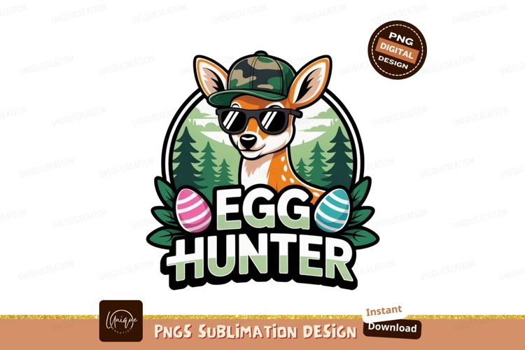 Cool deer egg hunter with camouflage hat easter