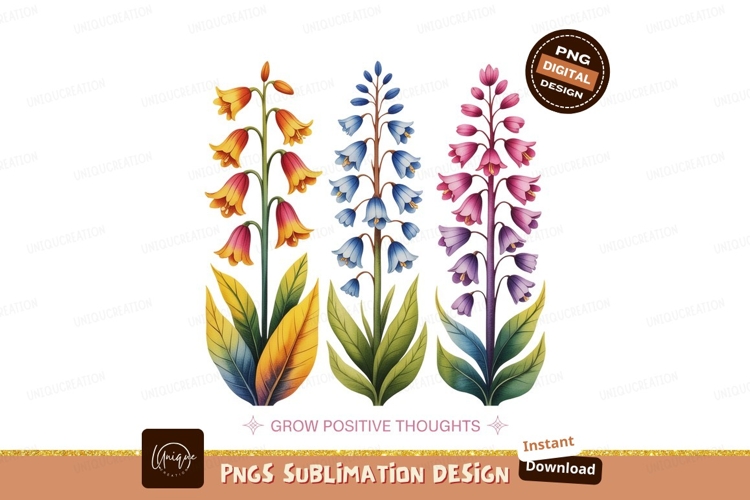 Colorful bell flowers with leaves blue pink