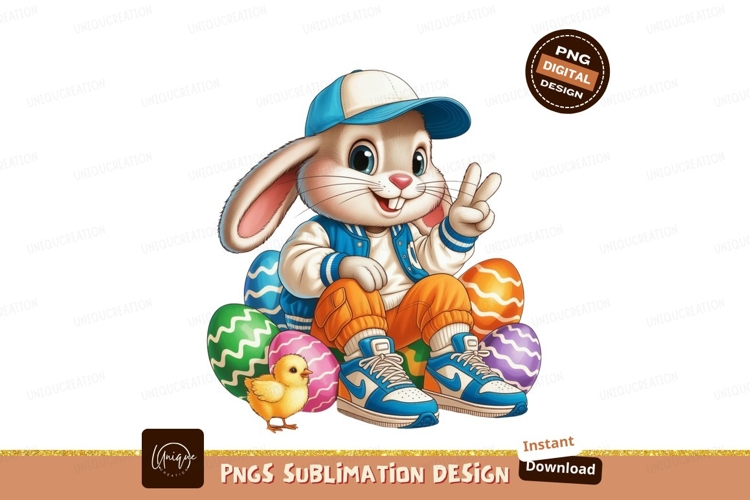 Cool bunny with easter eggs and chick baseball