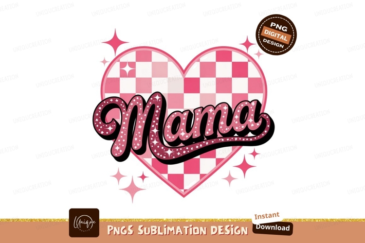 Mama heart with checkered pattern and stars pink