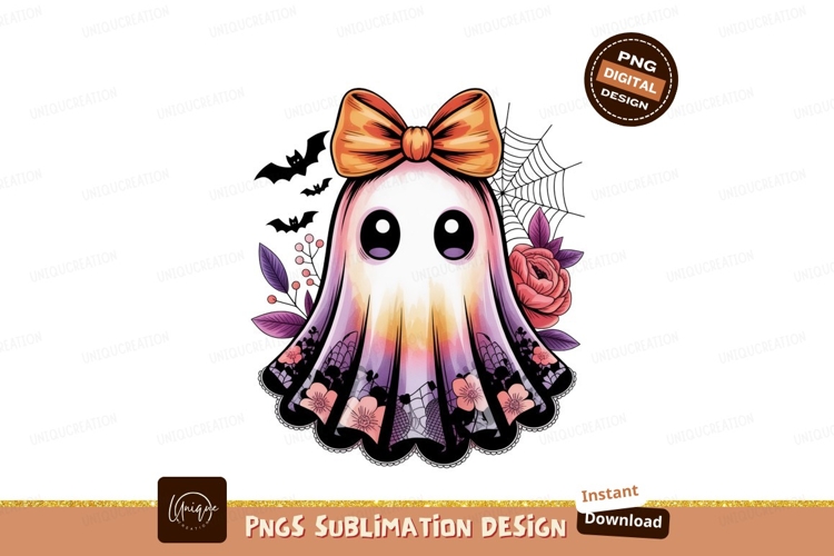 Cute ghost with bow and flowers halloween example image 1